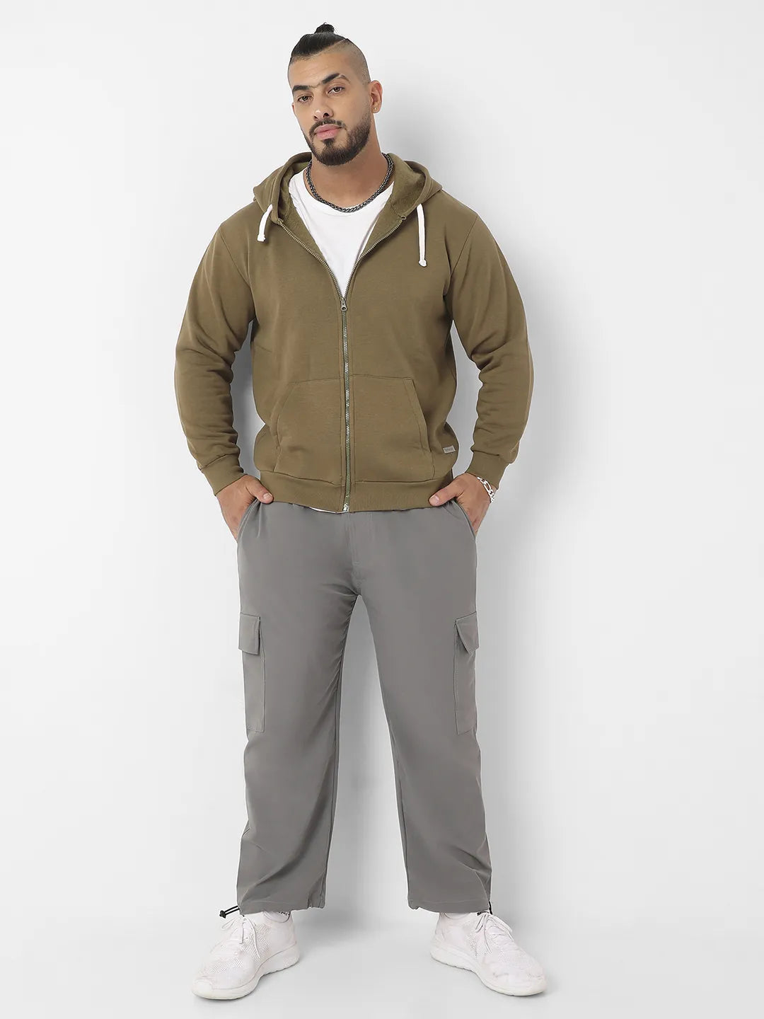 Olive Green Zip-Front Hoodie With Contrast Drawstring