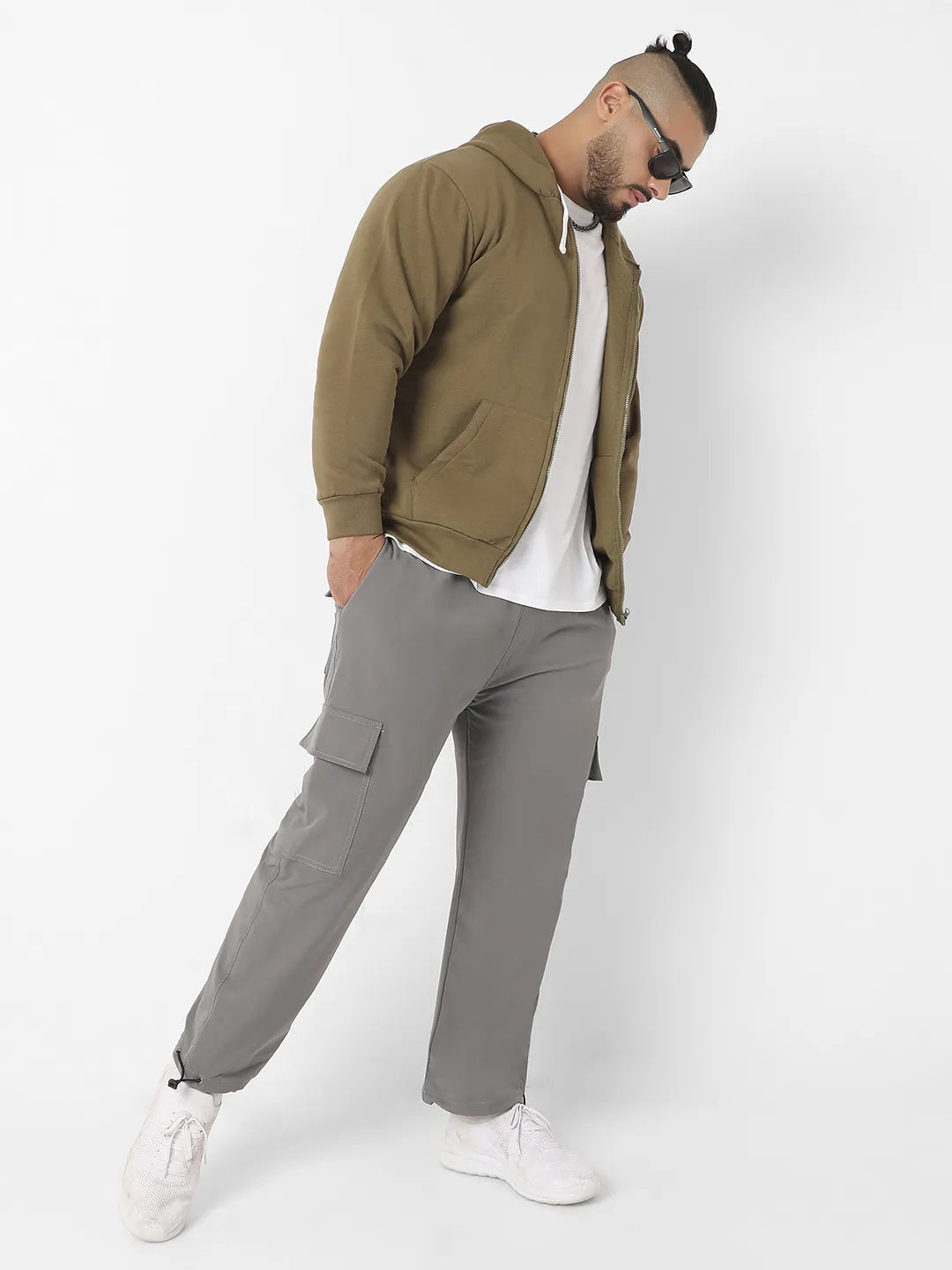 Olive Green Zip-Front Hoodie With Contrast Drawstring