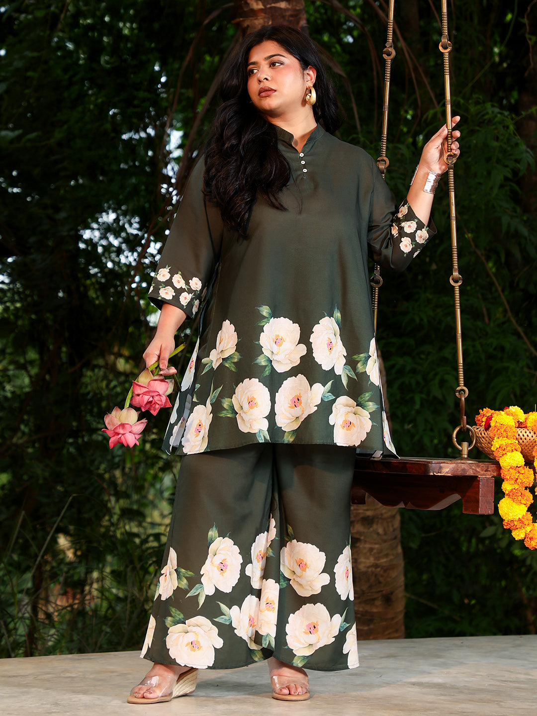 Flared Roses-Imprint Kurta Set