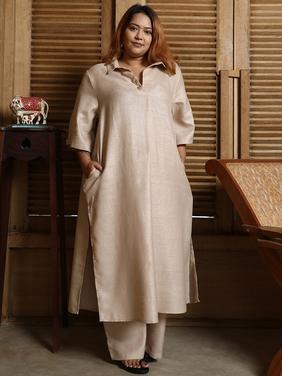 Solid Linen-Blend Kurta Set