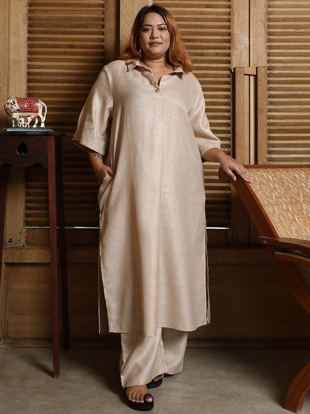 Solid Linen-Blend Kurta Set