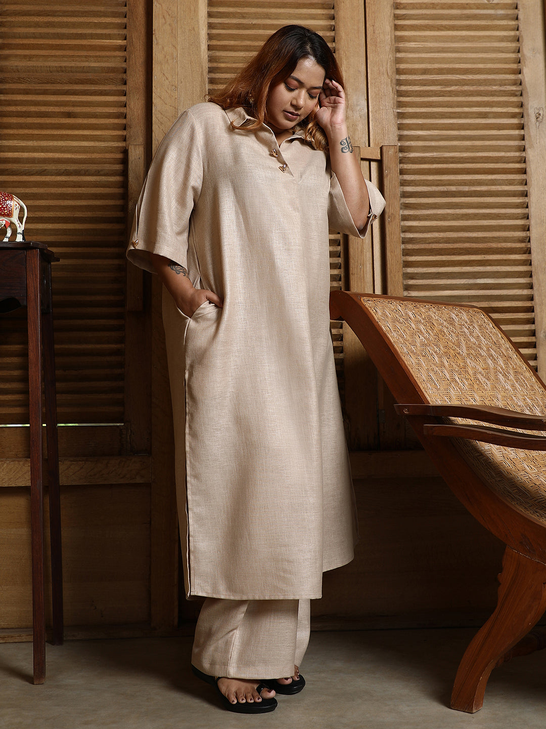 Solid Linen-Blend Kurta Set