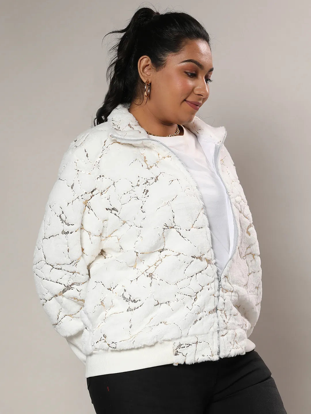 Chalk White Metallic Veined Faux Fur Jacket