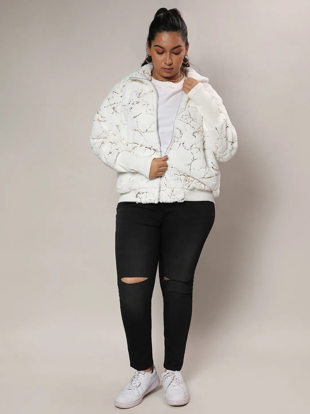 Chalk White Metallic Veined Faux Fur Jacket