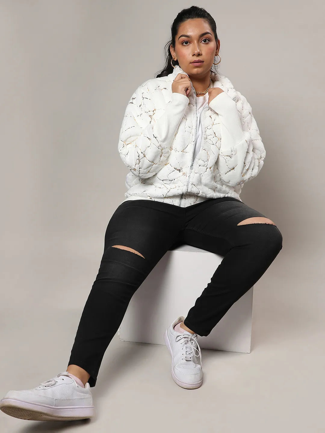 Chalk White Metallic Veined Faux Fur Jacket