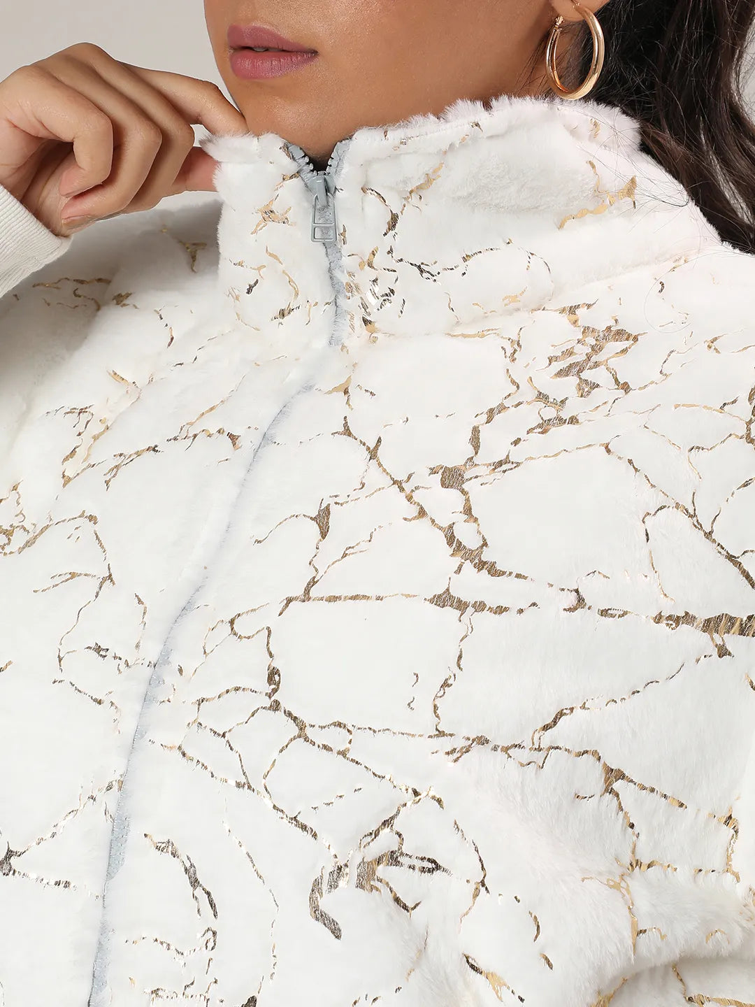 Chalk White Metallic Veined Faux Fur Jacket