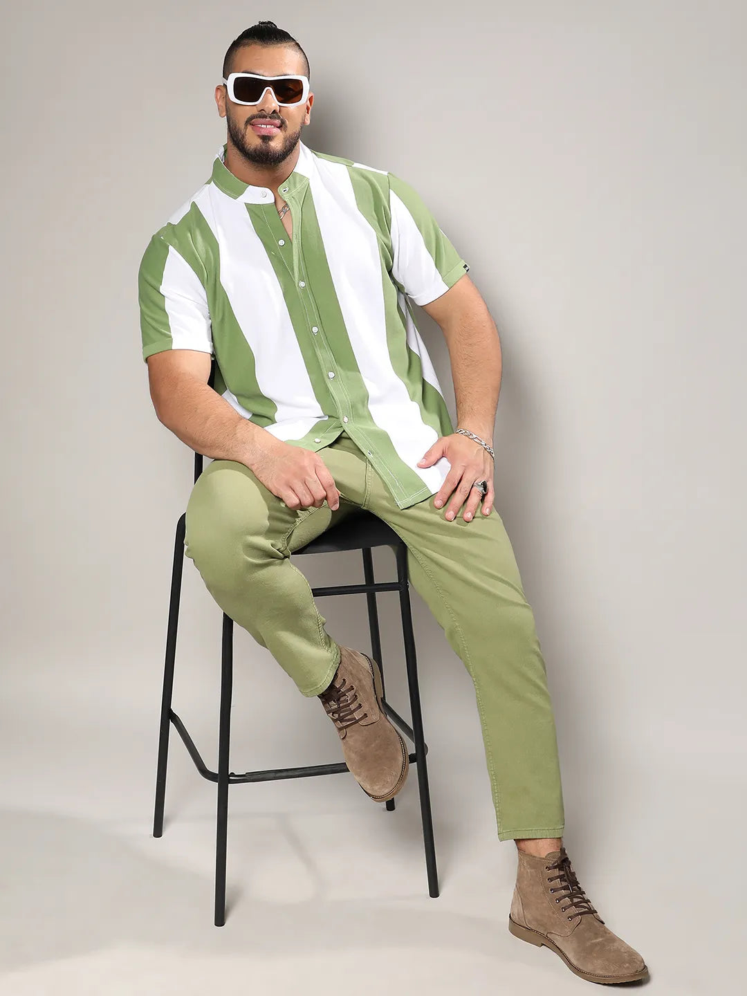 White And Green Striped Casual Shirt