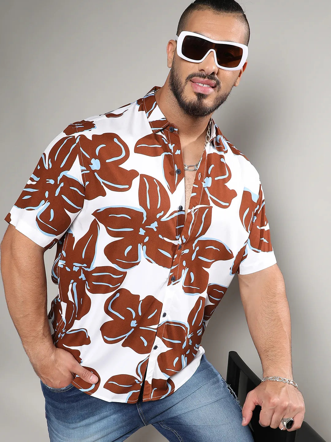 White & Brown Maxi Floral Print Shirt