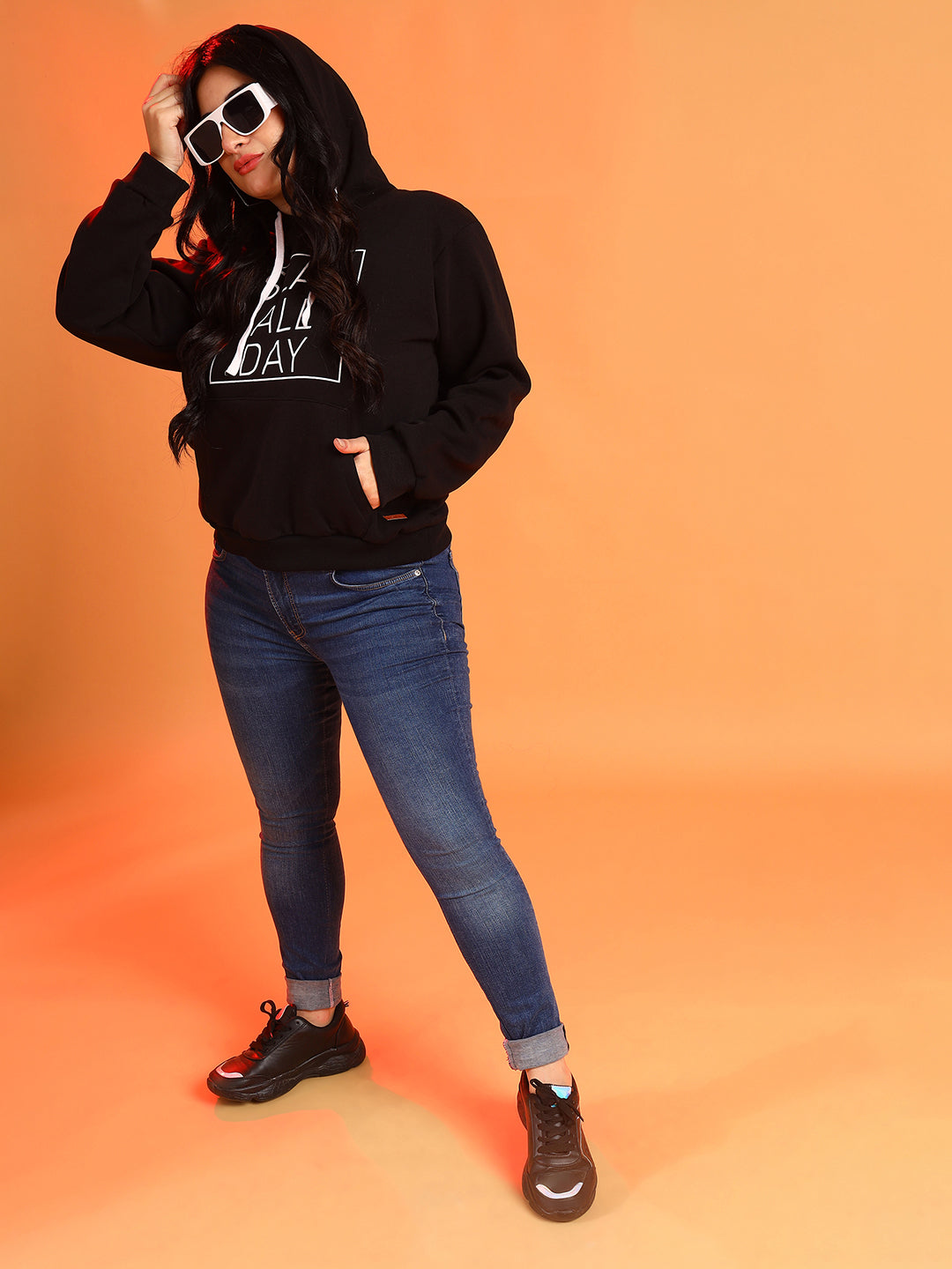 PLUS SIZE WOMEN PRINTED HOODED SWEATSHIRT