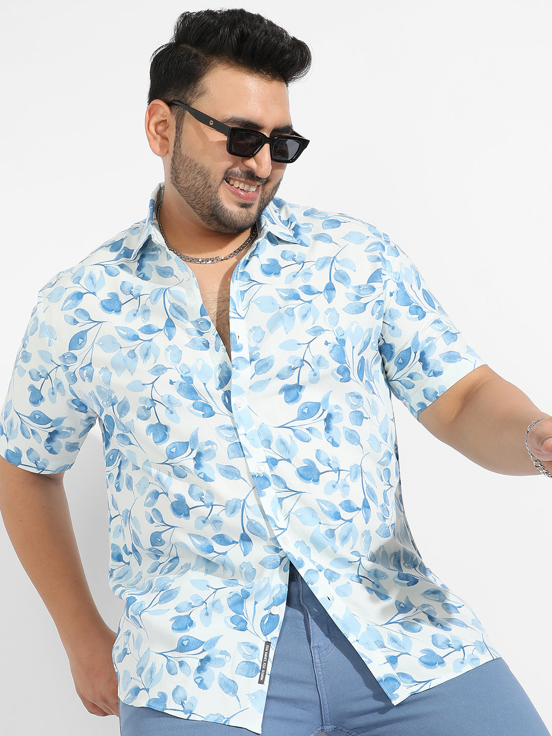 White & Blue Artistic Foliage Print Shirt