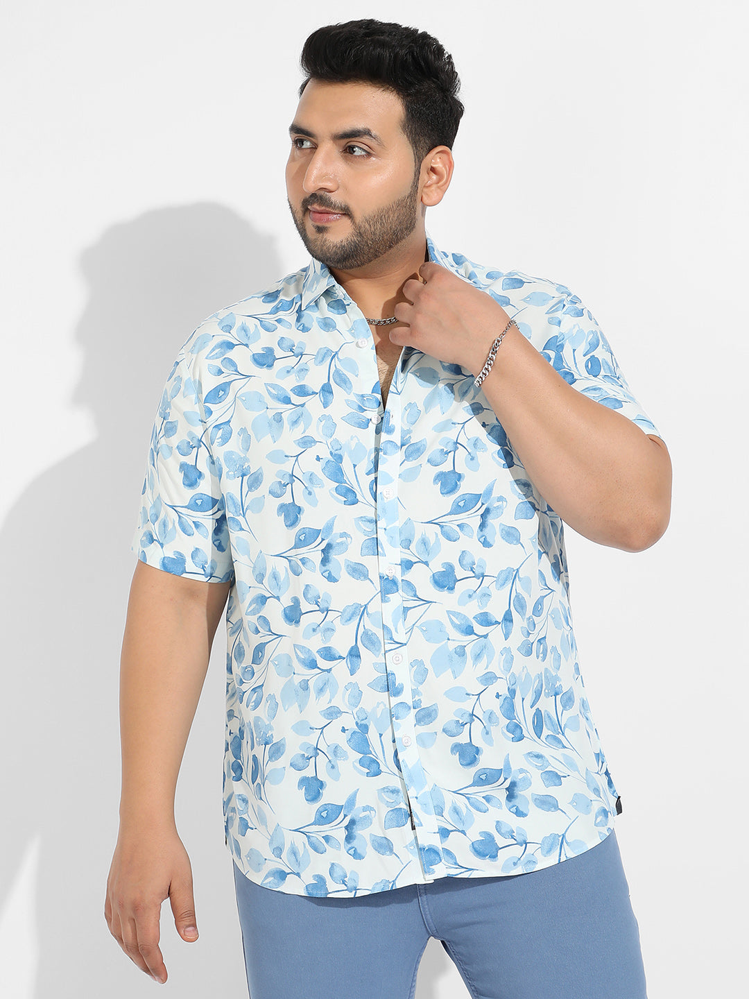 White & Blue Artistic Foliage Print Shirt
