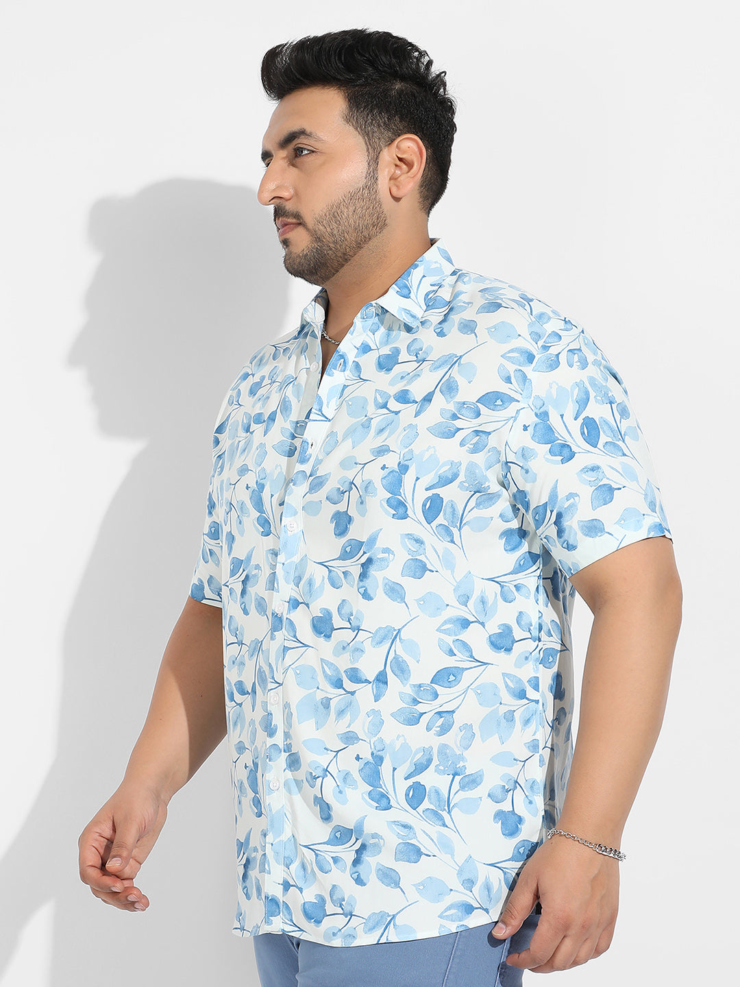 White & Blue Artistic Foliage Print Shirt