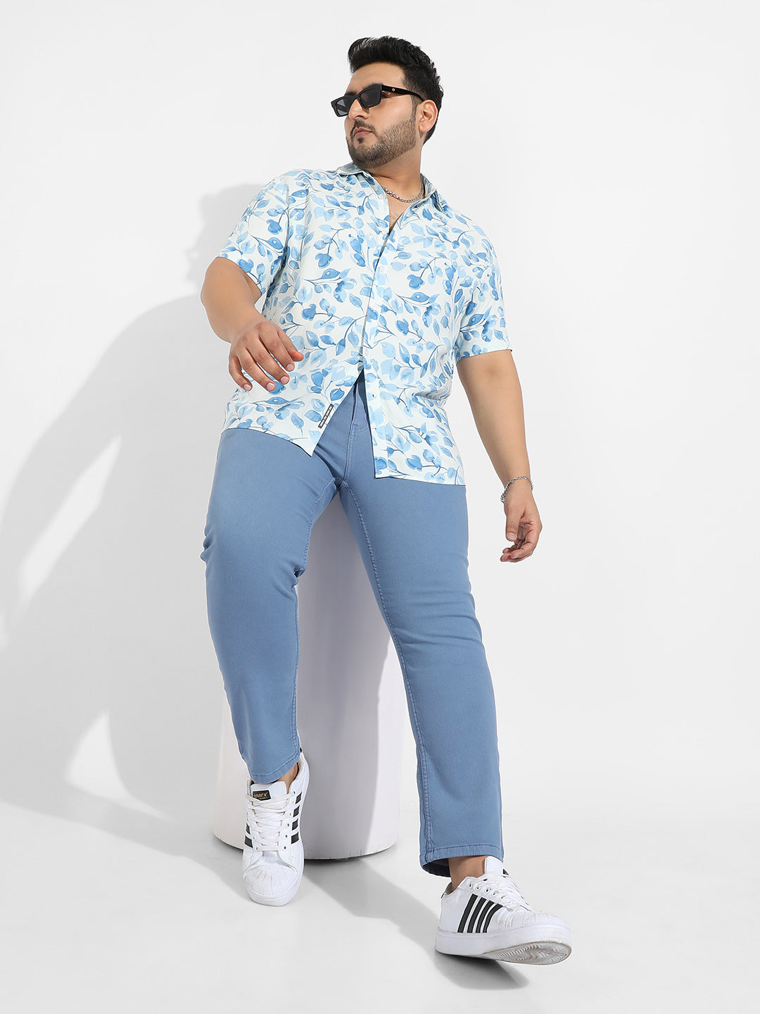 White & Blue Artistic Foliage Print Shirt