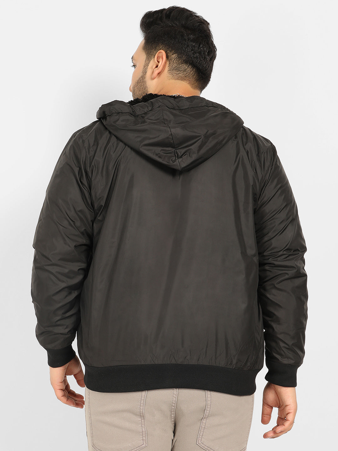 Black Zip-Front Puffer Jacket With Ribbed Hem