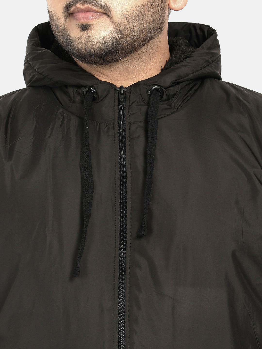 Black Zip-Front Puffer Jacket With Ribbed Hem