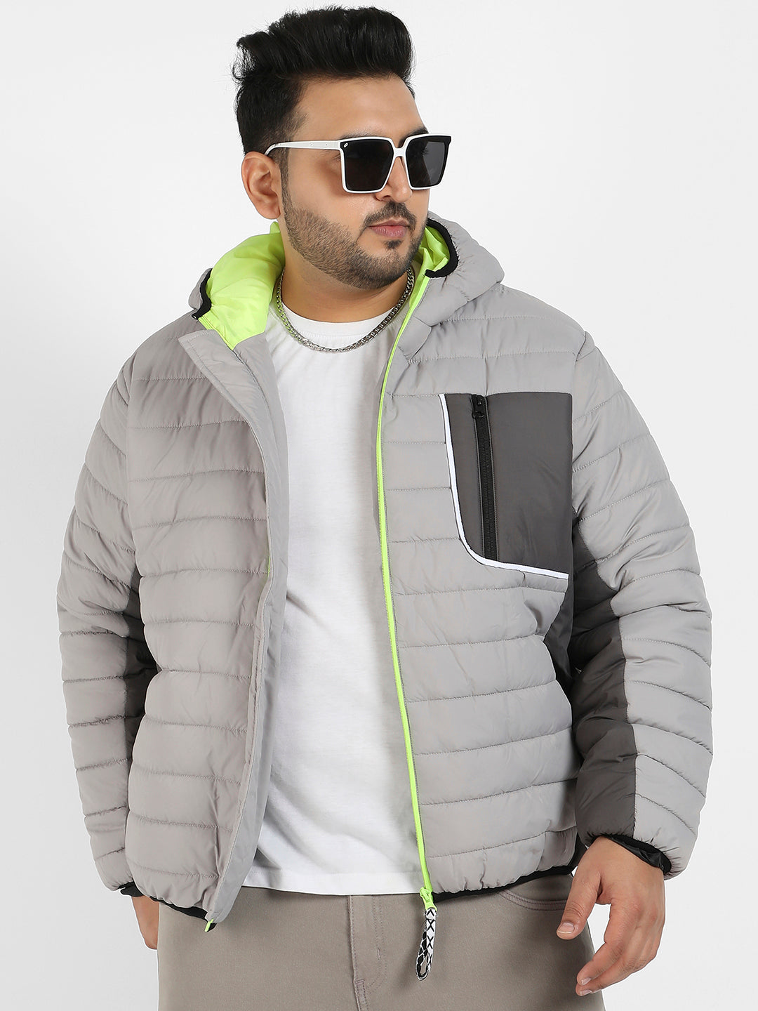 Light Grey Puffer Jacket With Contrast Zipper