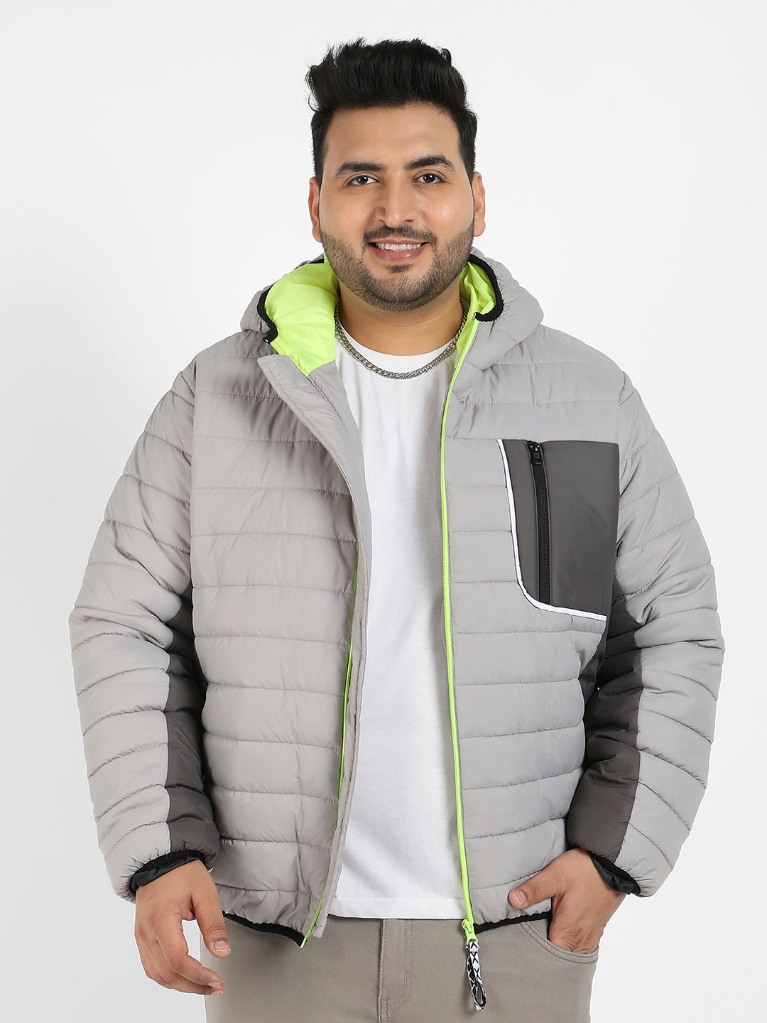 Light Grey Puffer Jacket With Contrast Zipper