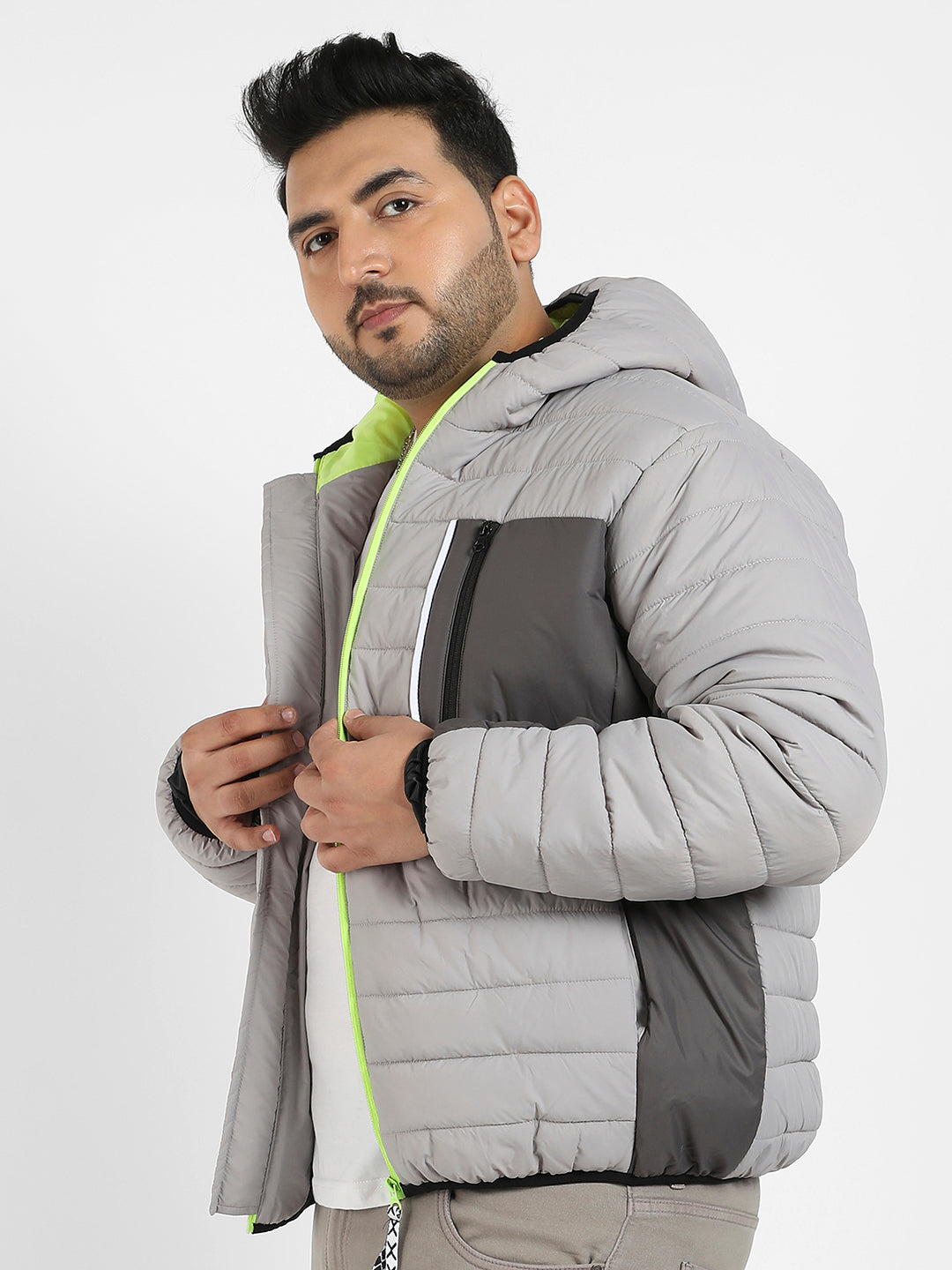 Light Grey Puffer Jacket With Contrast Zipper