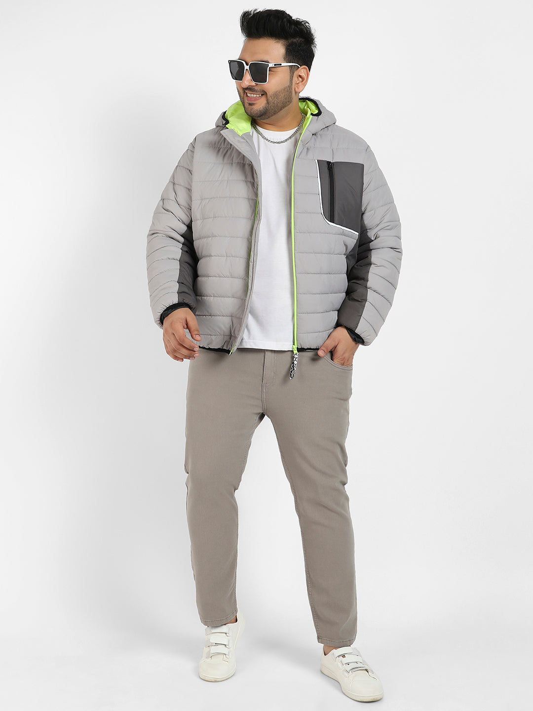 Light Grey Puffer Jacket With Contrast Zipper