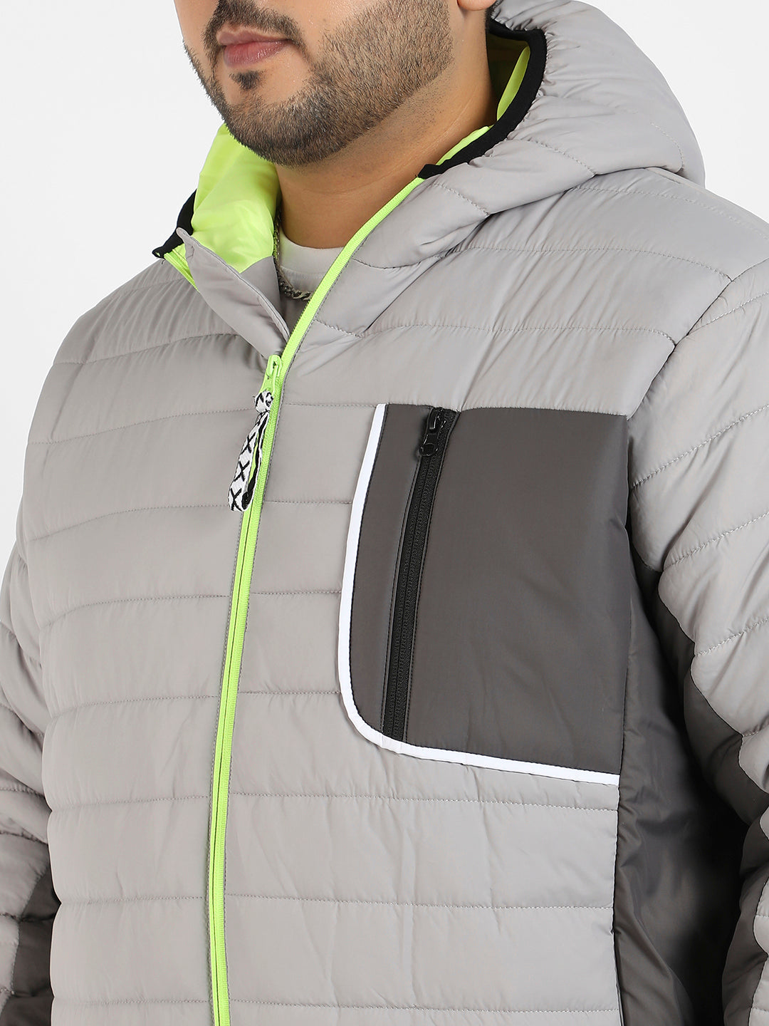 Light Grey Puffer Jacket With Contrast Zipper