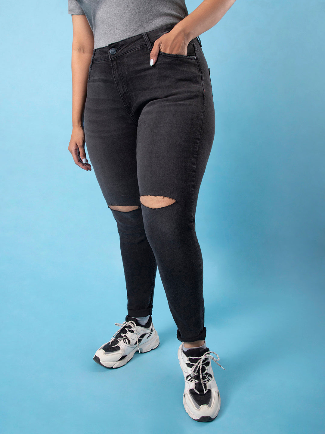 Stylish Torn Casual Black Jeans