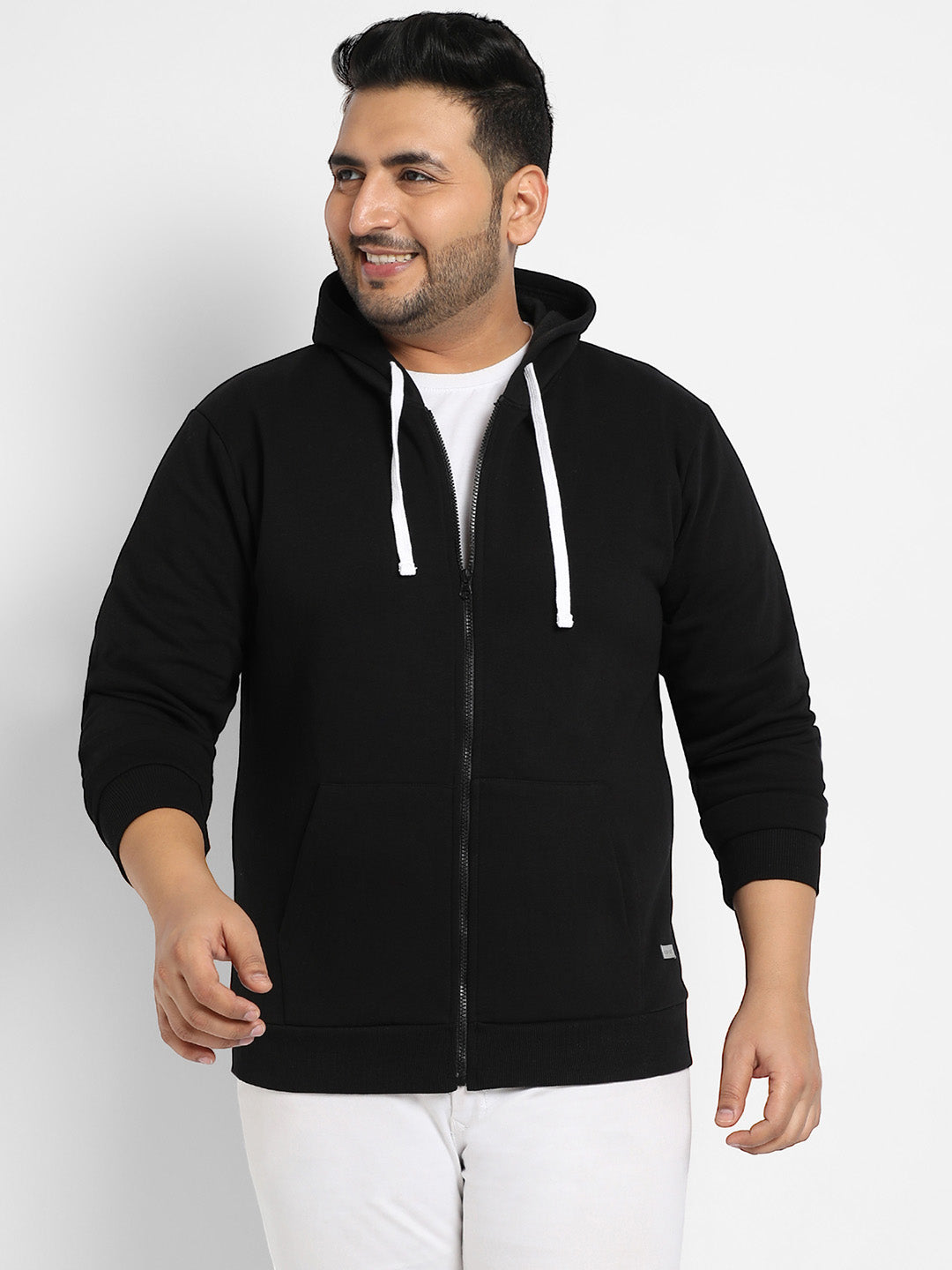 Black Zip-Front Hoodie With Contrast Drawstring
