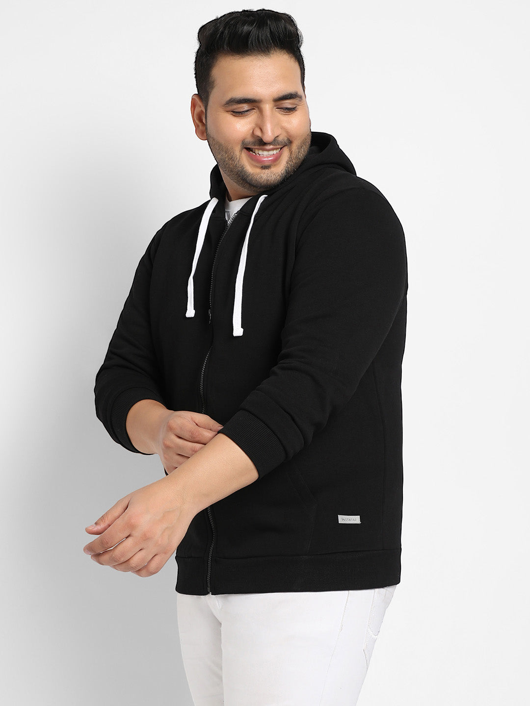 Black Zip-Front Hoodie With Contrast Drawstring