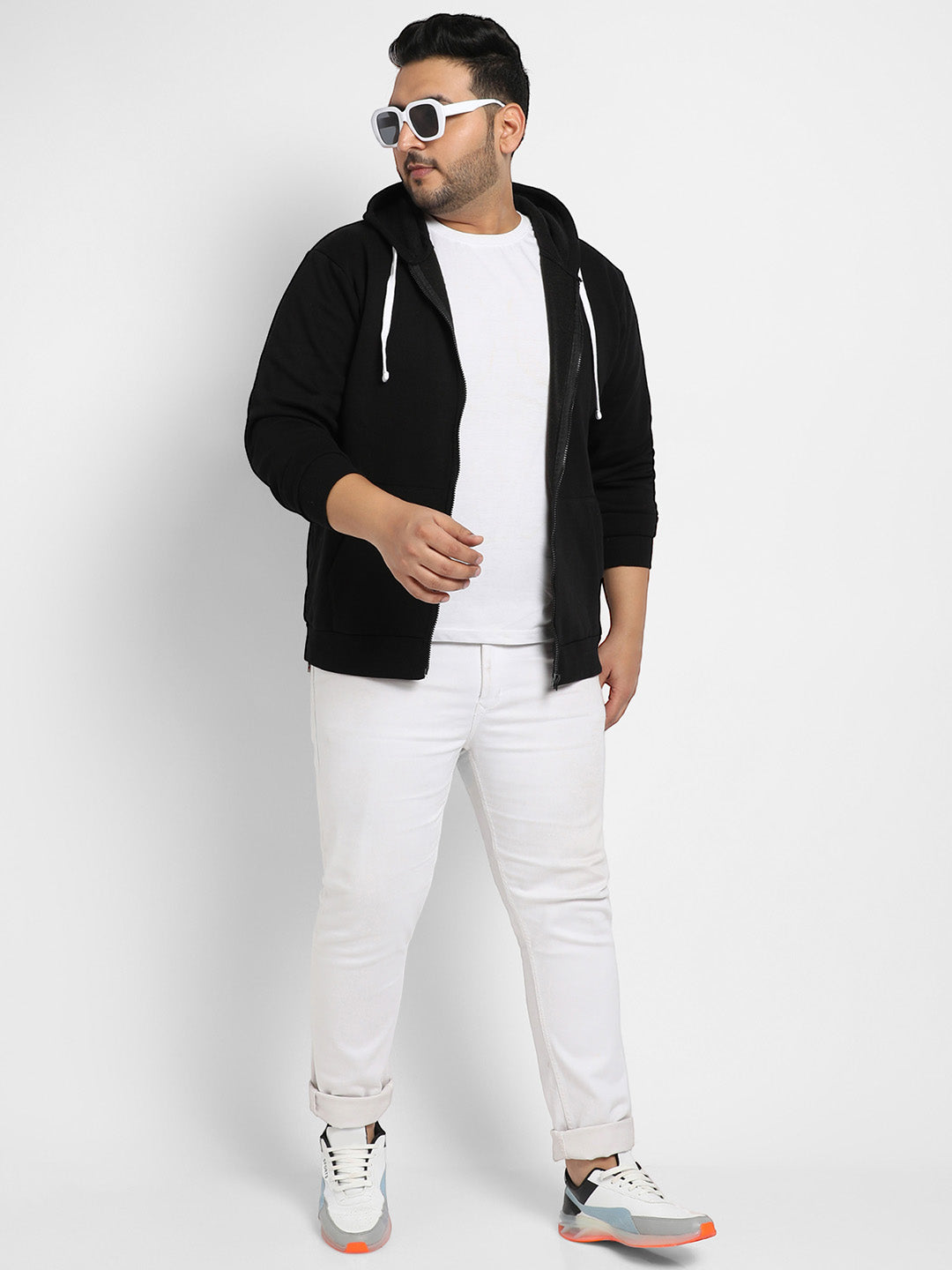 Black Zip-Front Hoodie With Contrast Drawstring