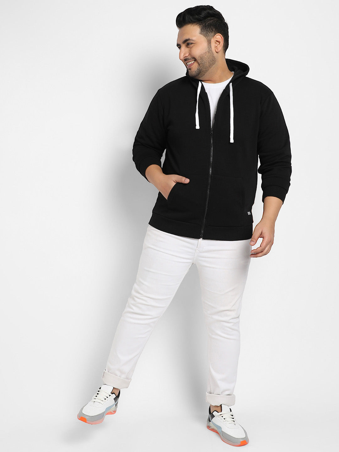 Black Zip-Front Hoodie With Contrast Drawstring