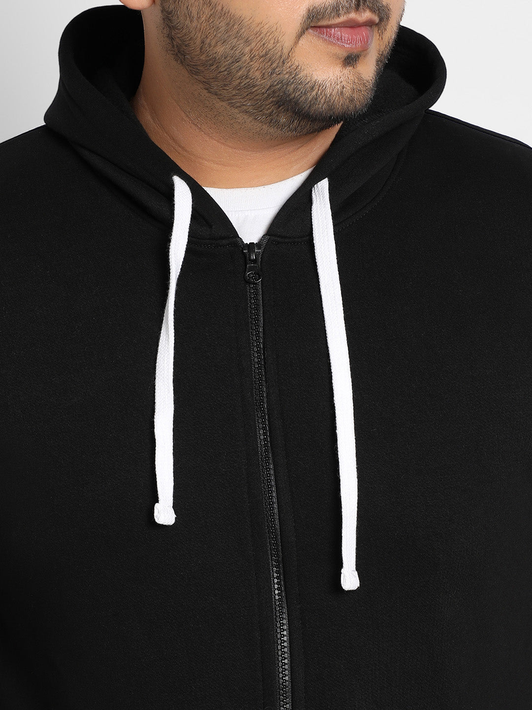 Plus Size Men's Black Zip-Front Hoodie With Contrast Drawstring