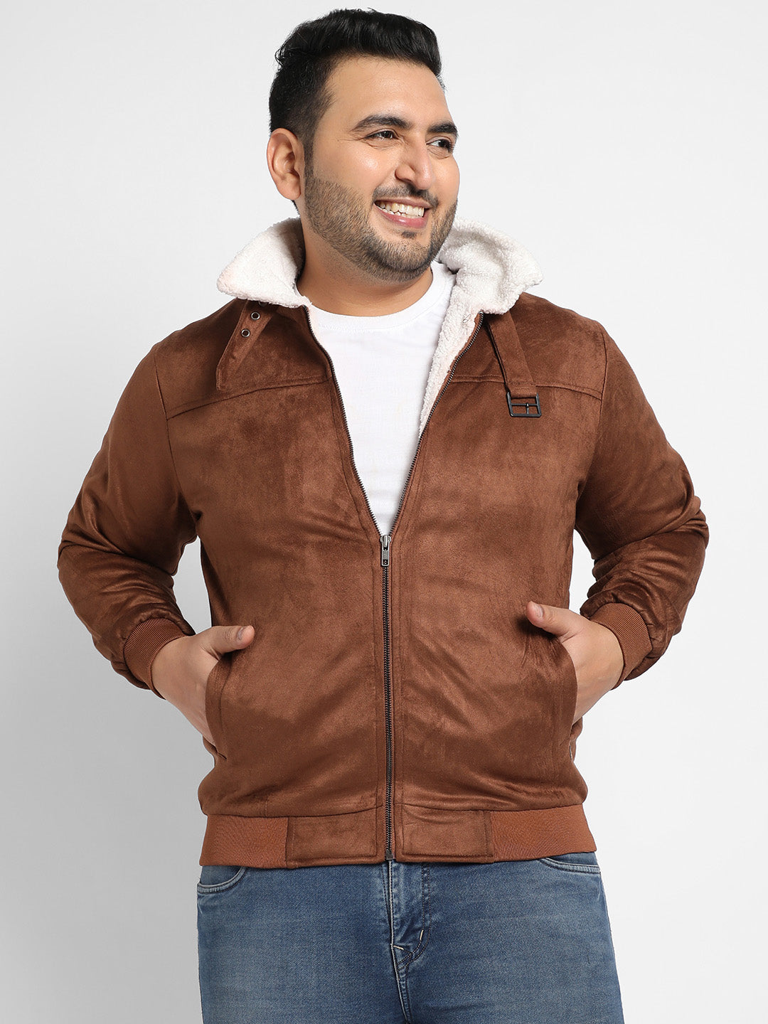 Brown Zip-Front Jacket With Fleece Detail
