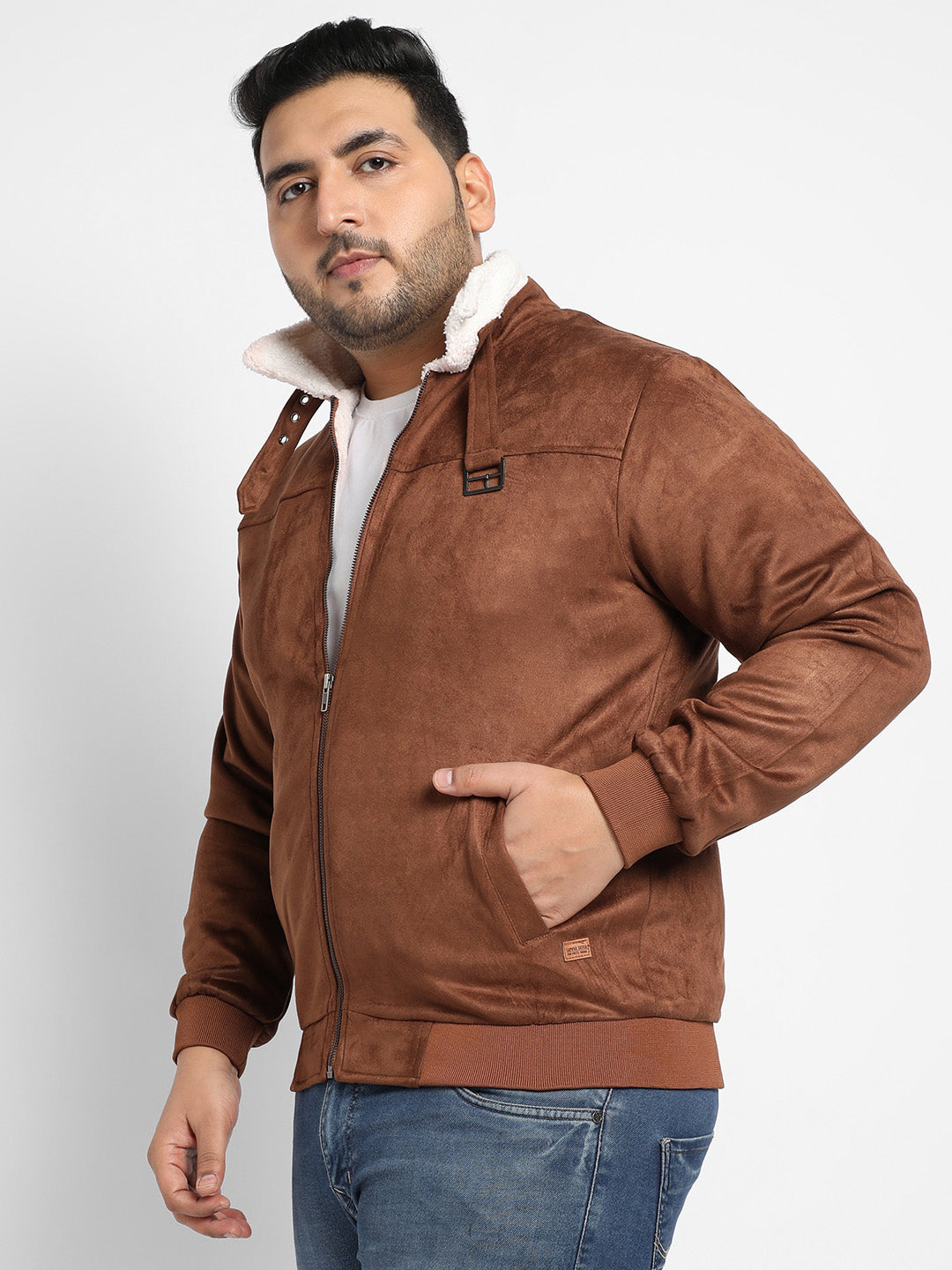 Brown Zip-Front Jacket With Fleece Detail