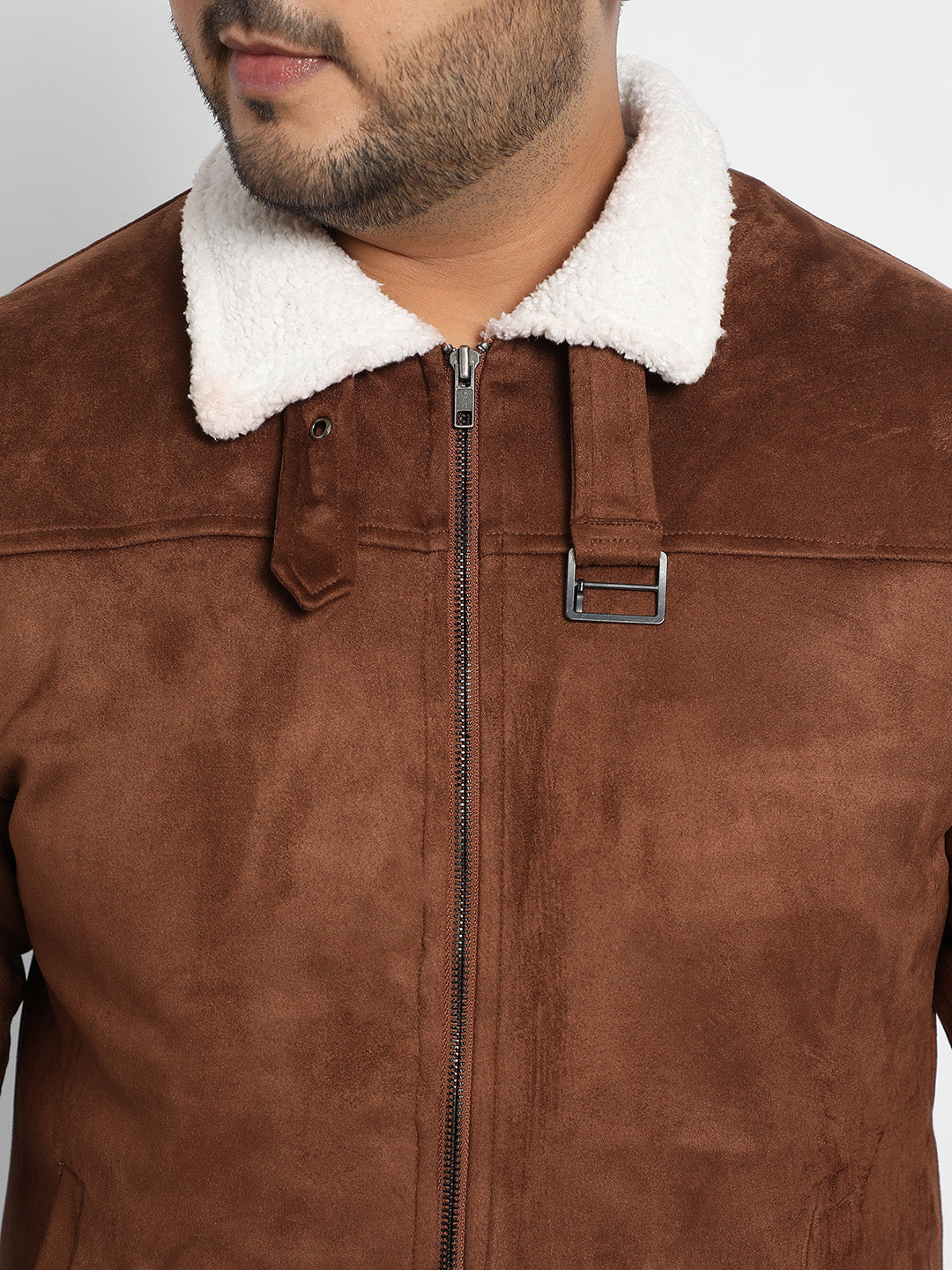 Plus Size Men's Brown Zip-Front Jacket With Fleece Detail