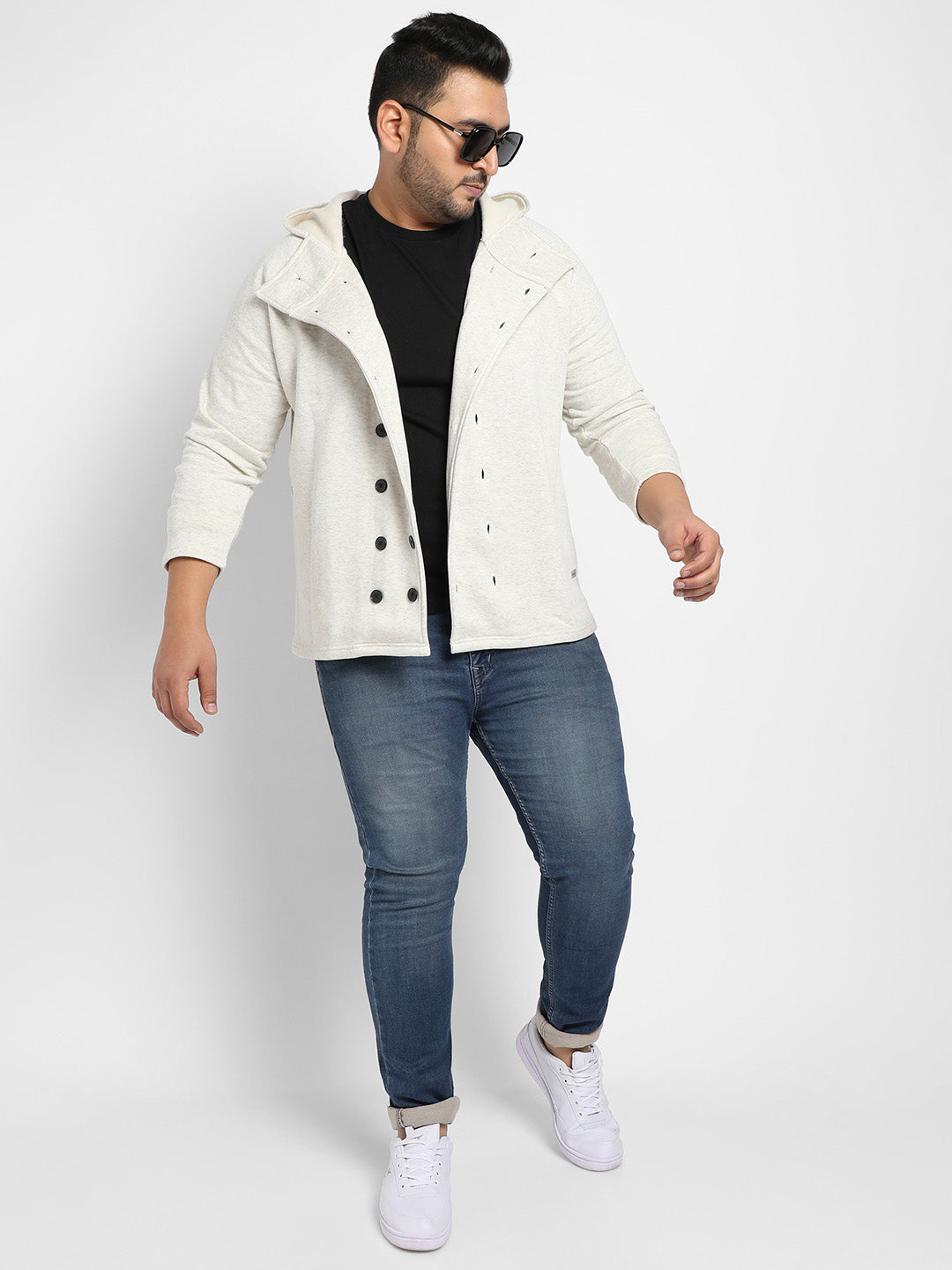 Light Grey Double-Breasted Jacket With Hoodie