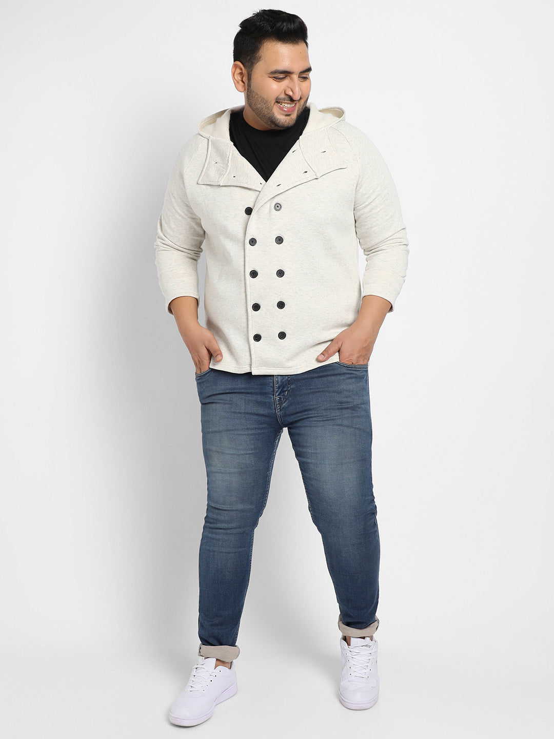 Light Grey Double-Breasted Jacket With Hoodie