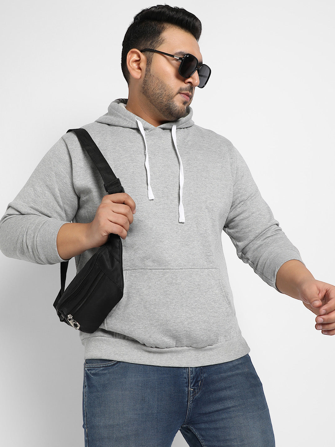 Light Grey Pullover Hoodie With Contrast Drawstring