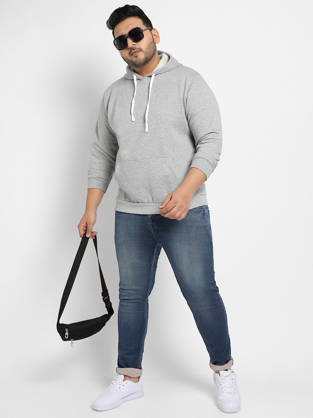 Light Grey Pullover Hoodie With Contrast Drawstring