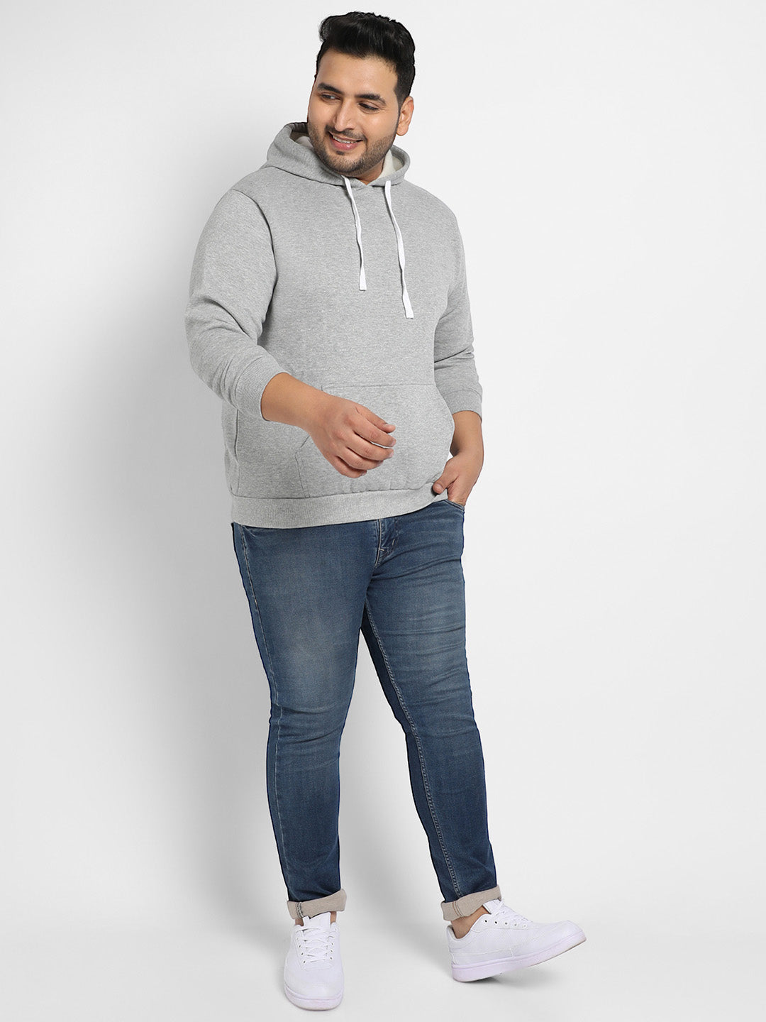 Light Grey Pullover Hoodie With Contrast Drawstring