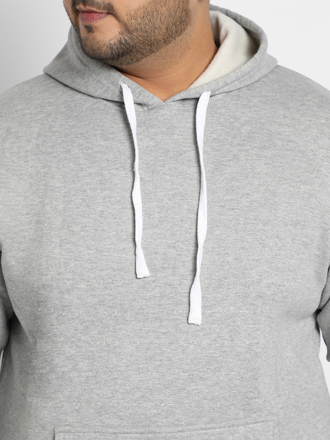 Plus Size Men's Light Grey Pullover Hoodie With Contrast Drawstring