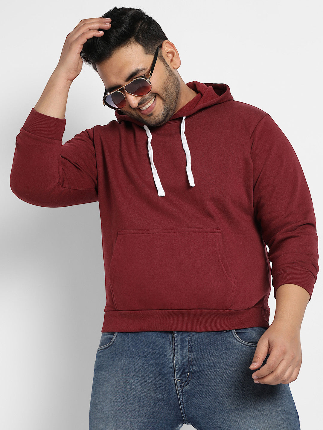 Maroon Red Pullover Hoodie With Contrast Drawstring