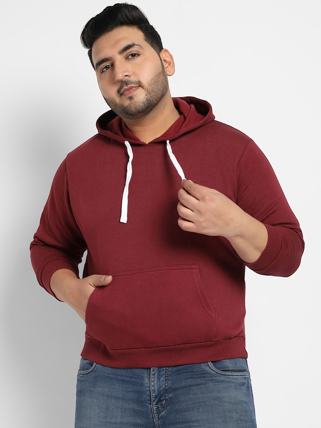 Maroon Red Pullover Hoodie With Contrast Drawstring