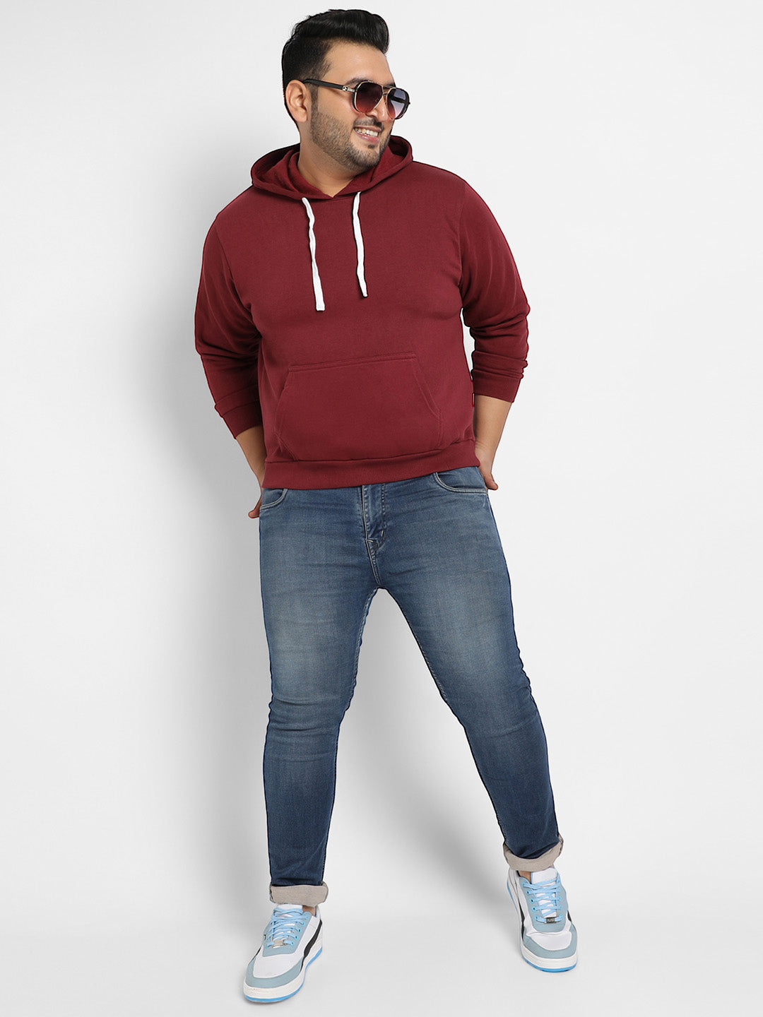 Maroon Red Pullover Hoodie With Contrast Drawstring