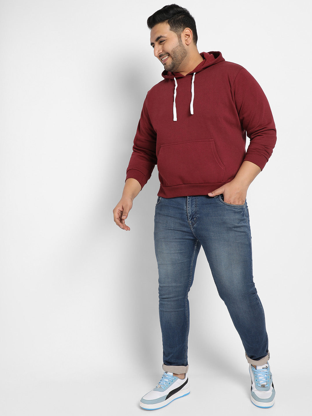 Maroon Red Pullover Hoodie With Contrast Drawstring