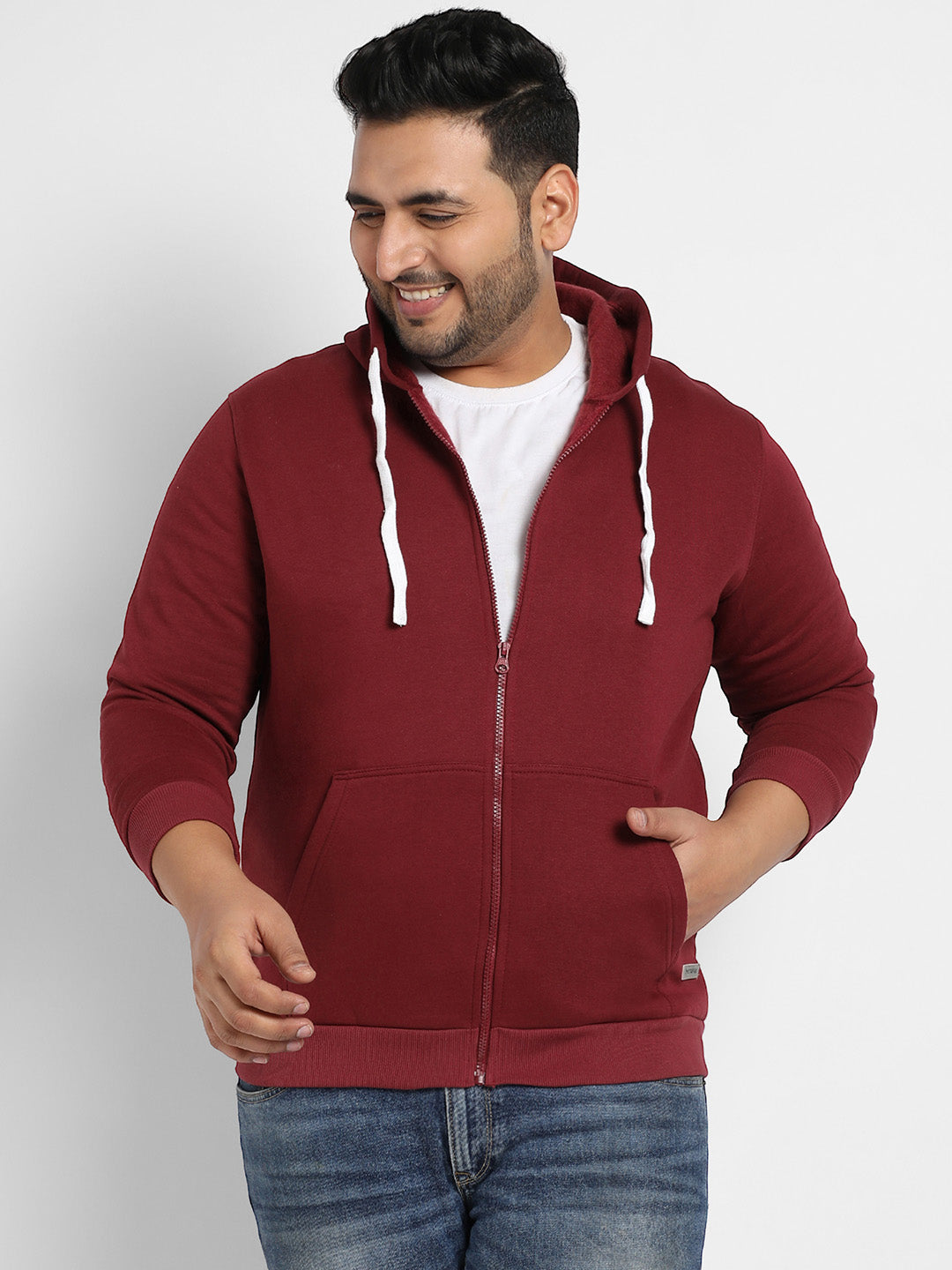 Maroon Red Zip-Front Hoodie With Contrast Drawstring