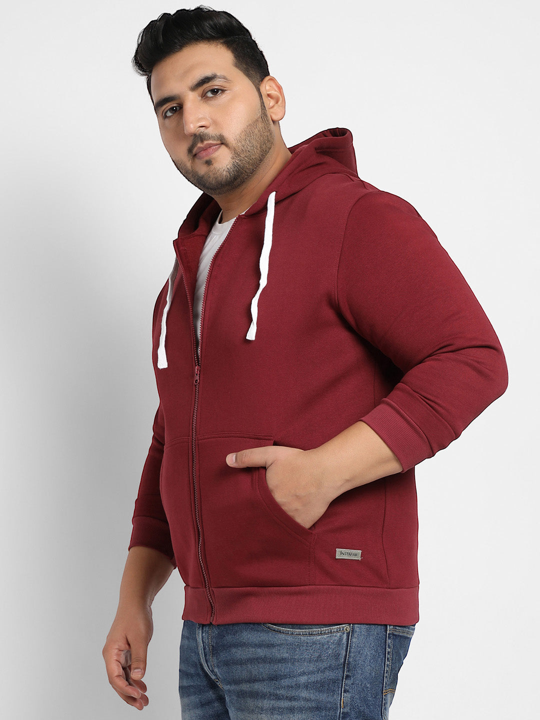 Maroon Red Zip-Front Hoodie With Contrast Drawstring