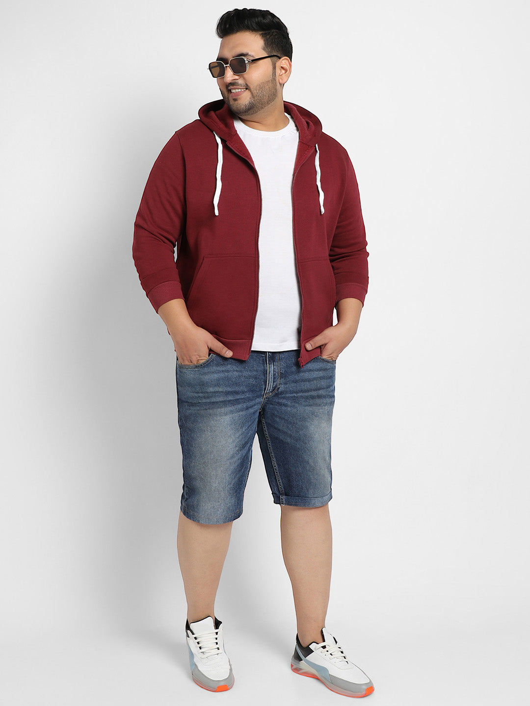 Maroon Red Zip-Front Hoodie With Contrast Drawstring