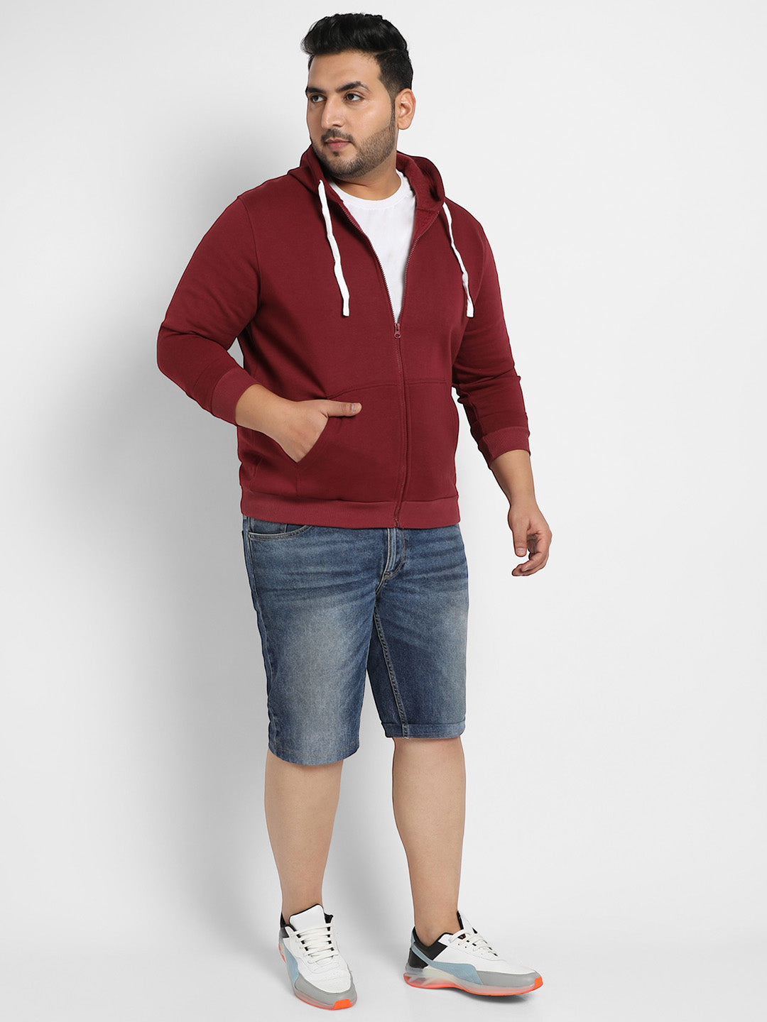 Maroon Red Zip-Front Hoodie With Contrast Drawstring