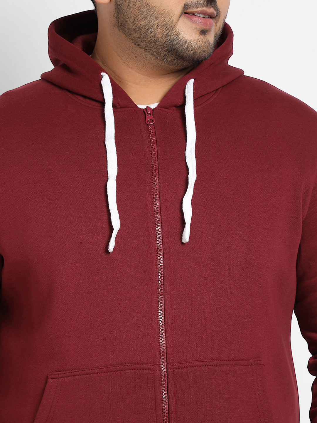 Plus Size Men's Maroon Red Zip-Front Hoodie With Contrast Drawstring