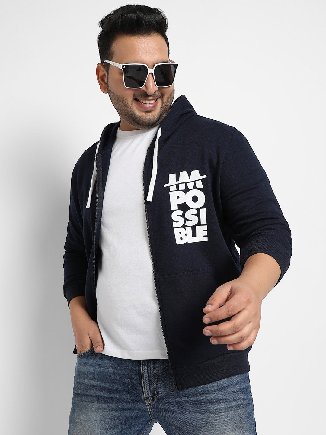 Navy Blue Zip-Front Impossible Hoodie With Contrast Drawstring