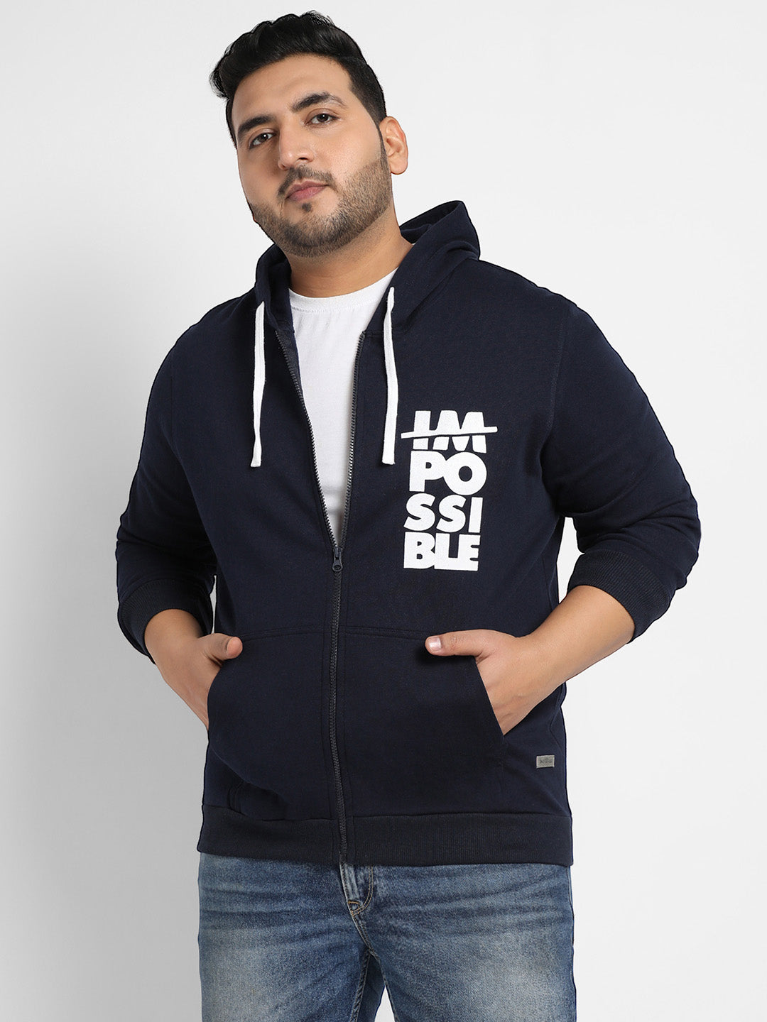 Navy Blue Zip-Front Impossible Hoodie With Contrast Drawstring